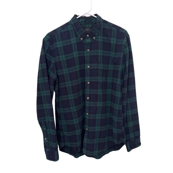 J Crew Green Navy Blue Plaid Flannel Button Down Shirt Large Cabincore Outdoors - Picture 1 of 9